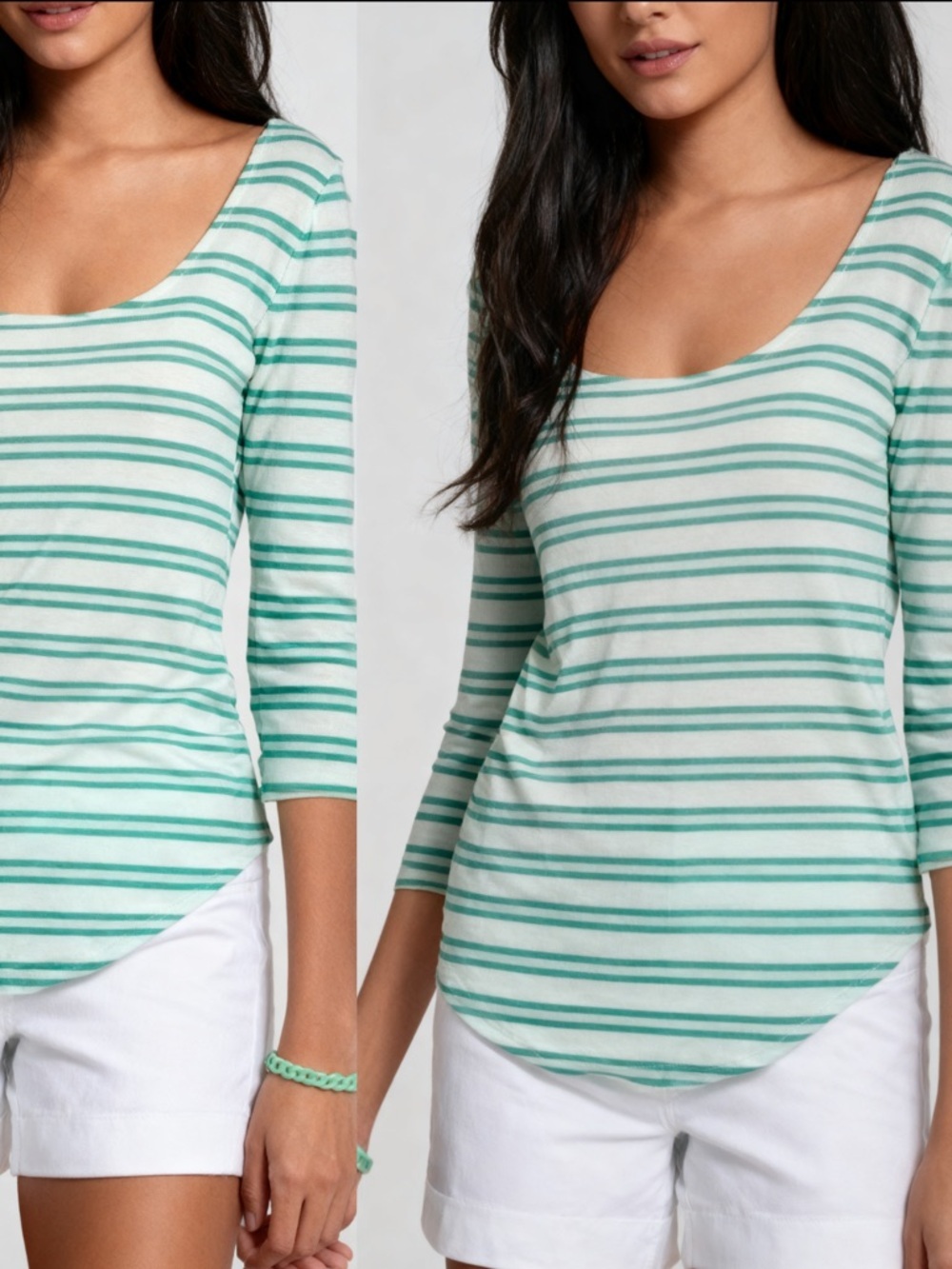 Ann Taylor Green White Nautical Striped Top Lightweight 3/4 Sleeve Sz S